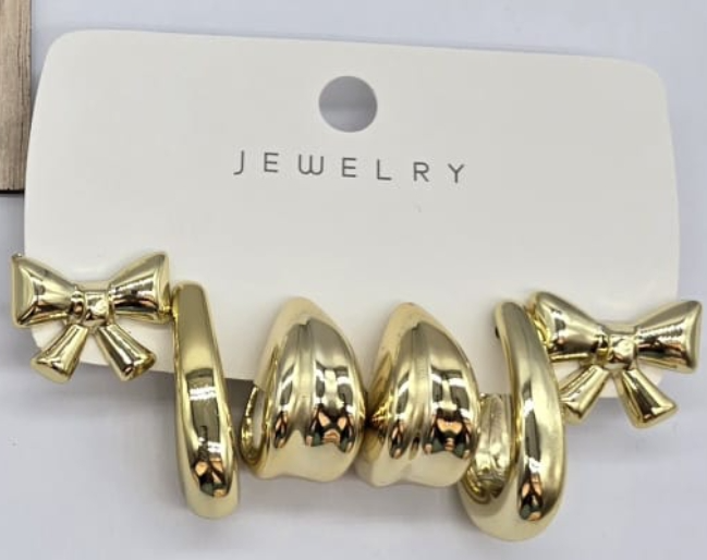 Set of 3 Earrings Gold Bow